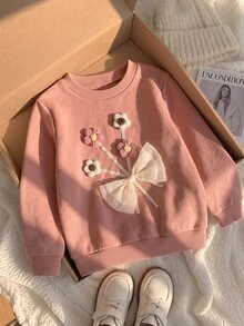 女童花卉蝴蝶結裝飾運動衫 秋季 - 粉色 - 查看 10