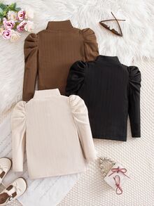 SHEIN Genkimix Kids 3PCS Girls' Fall/Winter Ribbed Knit Top With Puff Sleeves & Pleated Mock Neck. Soft Long Sleeve Basic Shirt In Black, Brown, Beige. - Multicolor - View 2