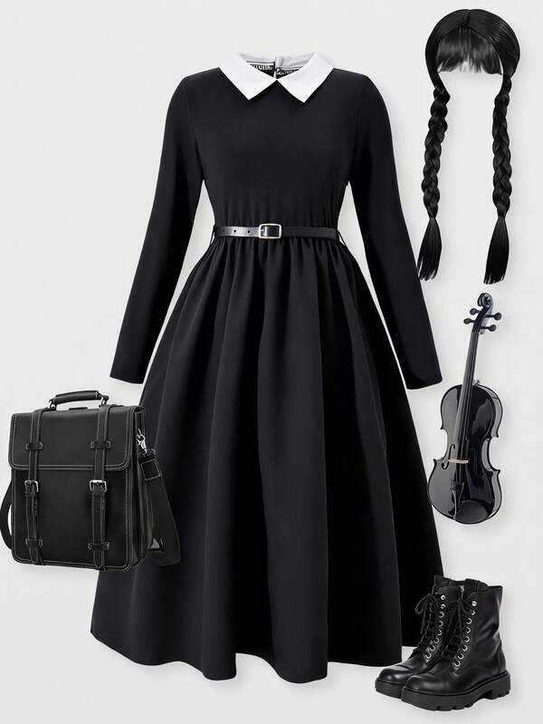 SHEIN Sparklyn Tween Girl Contrast Color Collar Long Sleeve Casual School Style Dress Fall Winter