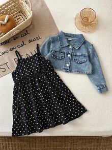 SHEIN 2件組女嬰牛仔外套波點洋裝，可愛甜美藍白黑配色，層次荷葉邊下擺，水洗長袖，生日派對秋季公主風嬰兒藍 - 黑色 - 查看 9
