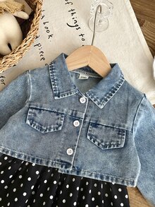 SHEIN 2件組女嬰牛仔外套波點洋裝，可愛甜美藍白黑配色，層次荷葉邊下擺，水洗長袖，生日派對秋季公主風嬰兒藍 - 黑色 - 查看 4