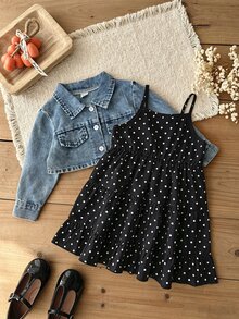 SHEIN 2件組女嬰牛仔外套波點洋裝，可愛甜美藍白黑配色，層次荷葉邊下擺，水洗長袖，生日派對秋季公主風嬰兒藍 - 黑色 - 查看 8