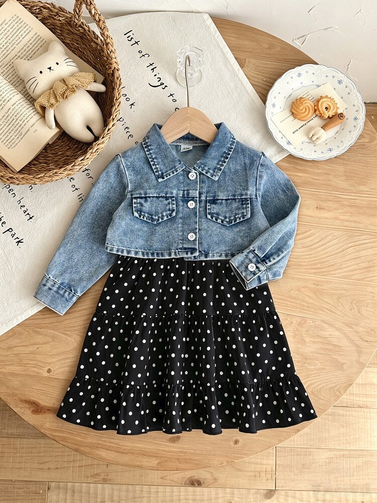 SHEIN Vintaside Kids 2pcs Baby Girl Denim Jacket Polka Dot Dress Cute Sweet Blue White Black Layered Ruffle Hem Washed Long Sleeve Birthday Party Autumn Princess Baby Blue - Black - View 3
