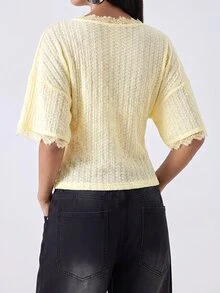 LYSMO Women's Sweet Elegant Romantic French Lace Patchwork Slim Fit T-Shirt For Dating Everyday Tea Party Lemon Summer - Coffee Brown - View 2