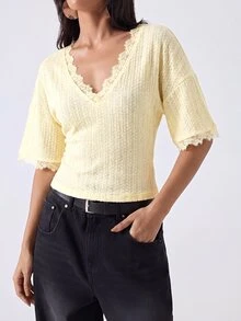 LYSMO Women's Sweet Elegant Romantic French Lace Patchwork Slim Fit T-Shirt For Dating Everyday Tea Party Lemon Summer - Coffee Brown - View 6