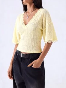 LYSMO Women's Sweet Elegant Romantic French Lace Patchwork Slim Fit T-Shirt For Dating Everyday Tea Party Lemon Summer - Coffee Brown - View 4