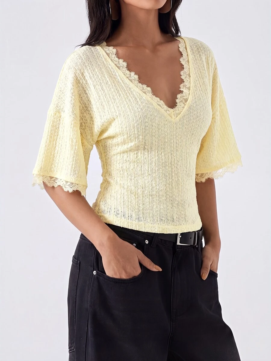 LYSMO Women's Sweet Elegant Romantic French Lace Patchwork Slim Fit T-Shirt For Dating Everyday Tea Party Lemon Summer - Coffee Brown - View 1