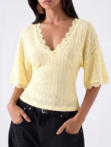 LYSMO Women's Sweet Elegant Romantic French Lace Patchwork Slim Fit T-Shirt For Dating Everyday Tea Party Lemon Summer - Coffee Brown - View 5