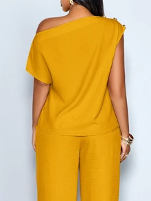 SOLERSUN Women's Plus Size Mustard Yellow Summer Elegant Asymmetrical Collar Sleeveless Metal Button Fitted Solid One Shoulder Blouse Office Top - Yellow - View 2