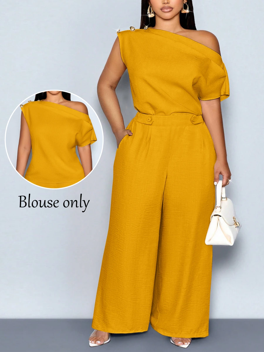 SOLERSUN Women's Plus Size Mustard Yellow Summer Elegant Asymmetrical Collar Sleeveless Metal Button Fitted Solid One Shoulder Blouse Office Top - Yellow - View 1