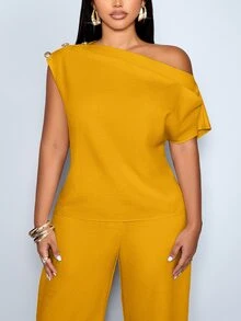 SOLERSUN Women's Plus Size Mustard Yellow Summer Elegant Asymmetrical Collar Sleeveless Metal Button Fitted Solid One Shoulder Blouse Office Top - Yellow - View 5