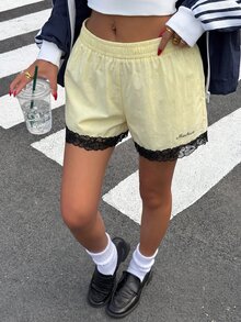 Muchica 女款新款淡黃色編織拼接織帶蕾絲飾邊短褲，適合外出、街頭風、Y2K - 淡黃色 - 查看 5