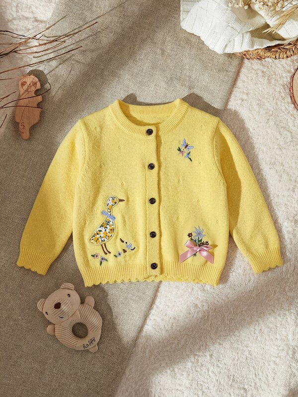 SHEIN Baby Girl Floral Embroidered Pattern Single-Breasted Casual Daily Autumn Winter Cardigan