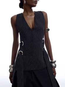 LYSMO Women's V-Neck Striped Casual Sexy Versatile Daily Wear Blazer Vest Night Navy Blue And White Summer Office Outfits For Women - Black - View 4