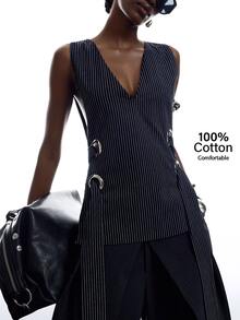 LYSMO Women's V-Neck Striped Casual Sexy Versatile Daily Wear Blazer Vest Night Navy Blue And White Summer Office Outfits For Women - Black - View 3