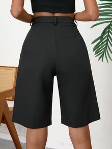 Aveloria Modichic Casual Solid Slant Pocket Bermuda Shorts  - Black - View 2