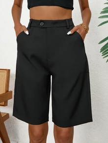 Aveloria Modichic Casual Solid Slant Pocket Bermuda Shorts  - Black - View 3