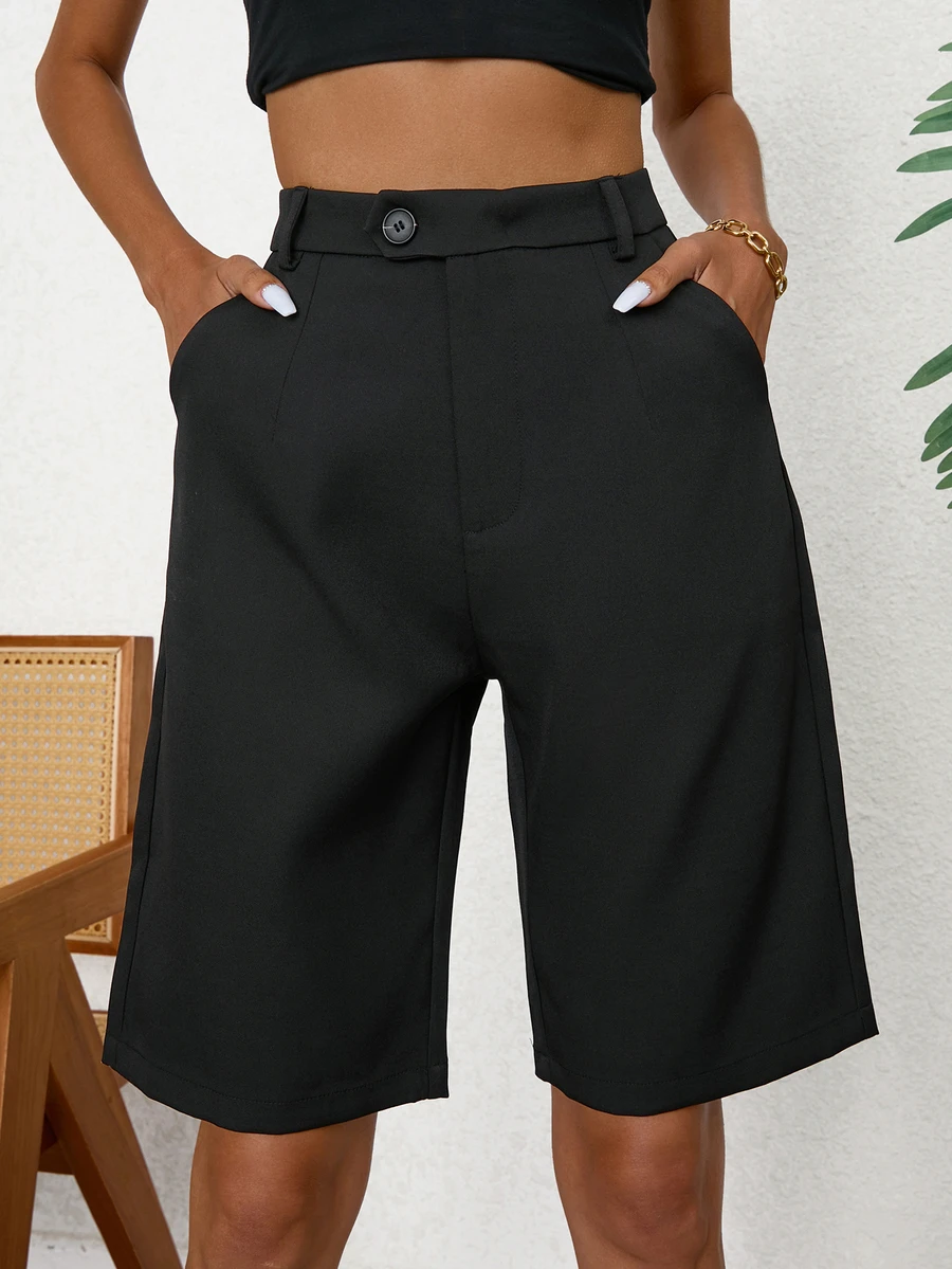 Aveloria Modichic Casual Solid Slant Pocket Bermuda Shorts - Black - View 1