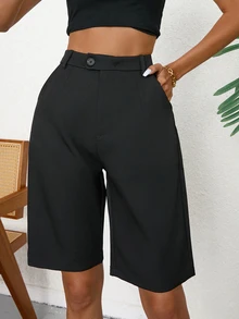 Aveloria Modichic Casual Solid Slant Pocket Bermuda Shorts  - Black - View 5