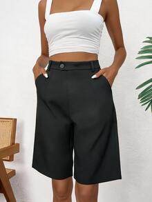 Aveloria Modichic Casual Solid Slant Pocket Bermuda Shorts  - Black - View 7