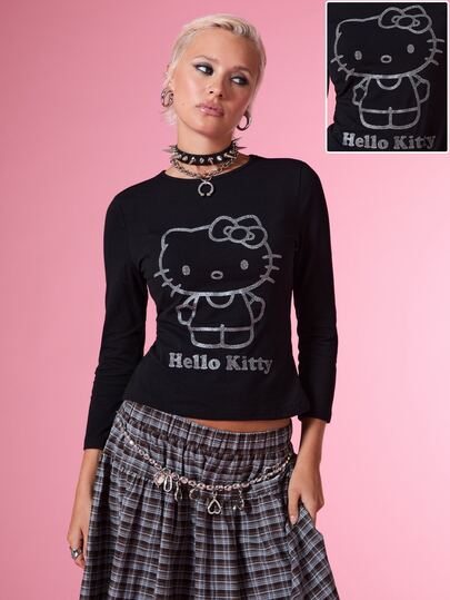 HELLO KITTY AND FRIENDS | COUREZ Mangas de largo de un cuarto encogidas con estampado de purpurina / Tops Y2K Ropa de otoño para mujeres Ropa de invierno para mujeres Camisetas gráficas Tops para salir