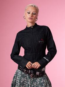 HELLO KITTY AND FRIENDS | COUREZ Shrunken Jacket In Rinse Denim Wash With Embroidery / Y2K Top Fall Clothes For Women Winter Clothes For Women Denim Jacket Embroidered Top - Black - View 4