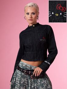 HELLO KITTY AND FRIENDS | COUREZ Shrunken Jacket In Rinse Denim Wash With Embroidery / Y2K Top Fall Clothes For Women Winter Clothes For Women Denim Jacket Embroidered Top - Black - View 1