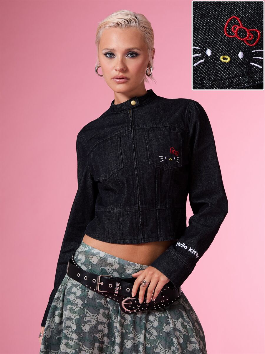 HELLO KITTY AND FRIENDS | COUREZ Shrunken Jacket In Rinse Denim Wash With Embroidery / Y2K Top Fall Clothes For Women Winter Clothes For Women Denim Jacket Embroidered Top - Black - View 1