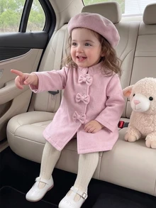SHEIN Playful Pals 2件組 幼兒女嬰甜美粉色三重蝴蝶結長袖立領厚款生日派對冬季周歲芭蕾公主保暖帽子 - 粉色 - 查看 9