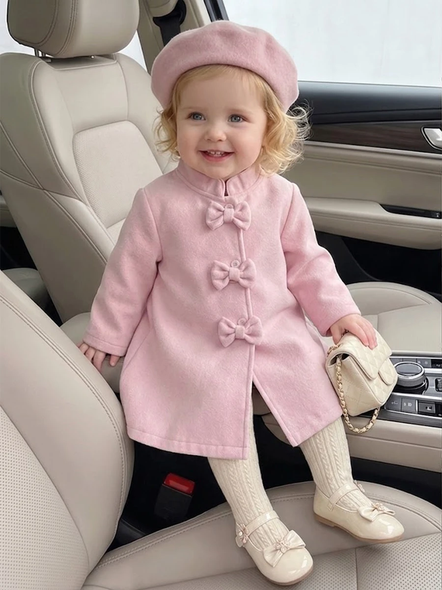 SHEIN Playful Pals 2件組 幼兒女嬰甜美粉色三重蝴蝶結長袖立領厚款生日派對冬季周歲芭蕾公主保暖帽子