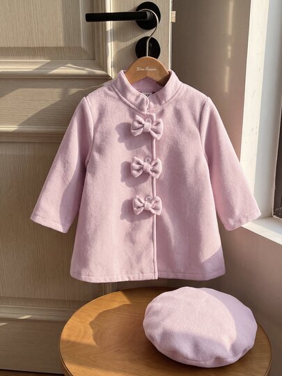 SHEIN Playful Pals 2pcs Baju Bayi Perempuan Balita Model Peacoat Warna Pink Manis dengan Tiga Pita, Lengan Panjang, Kerah Tegak, Tebal, untuk Pesta Ulang Tahun, Musim Dingin, Ulang Tahun Pertama, Topi Balet Putri yang Nyaman