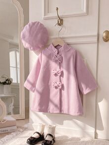 SHEIN Playful Pals 2件組 幼兒女嬰甜美粉色三重蝴蝶結長袖立領厚款生日派對冬季周歲芭蕾公主保暖帽子 - 粉色 - 查看 4