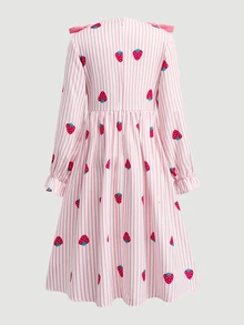 SHEIN 女童編織條紋草莓圖案甜美蝴蝶結圓領洋裝 - 彩色 - 查看 9