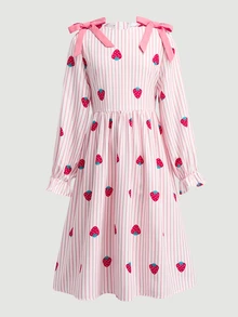 SHEIN 女童編織條紋草莓圖案甜美蝴蝶結圓領洋裝 - 彩色 - 查看 8