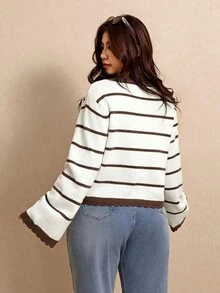 Elaquor Plus Size Women's V-Neck Colorblock Casual Soft Form Daily Office Formal Pullover Sweater Allover White Autumn - Apricot - View 2