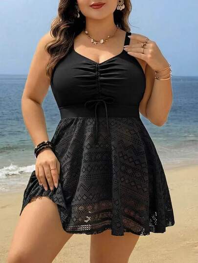 Slaydiva 2026 New Plus Size Vacation Style One-Piece Swimwear | V-Neck Spaghetti Straps Show Off Collarbones | Ruched Chest + Adjustable Tie For Better Fit | Hollow Lace Hem Skirt Covers Hips And Lengthens Legs | High Elastic Slimming Beach Tank Bikini