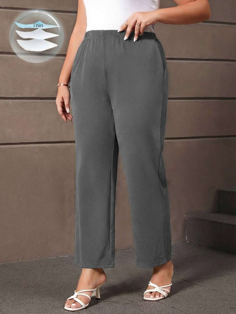 Plus Size Women's Curve Plain Gray Autumn Loungewear,Smart Casual Solid Long Pants With Pockets,Daily Office Brunch Outfits,Formal Attire,Capris