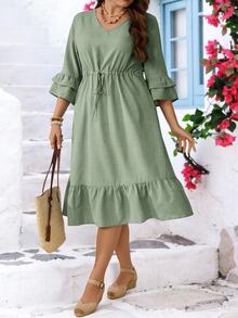 Miaspire Plus Size Casual Solid Color Drawstring Waist Ruffle Hem Dress - Green - View 4