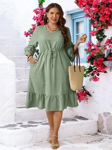 Miaspire Plus Size Casual Solid Color Drawstring Waist Ruffle Hem Dress - Green - View 5