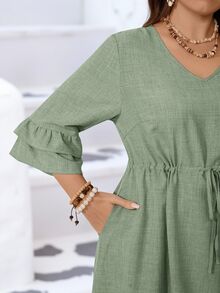 Miaspire Plus Size Casual Solid Color Drawstring Waist Ruffle Hem Dress - Green - View 6