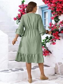 Miaspire Plus Size Casual Solid Color Drawstring Waist Ruffle Hem Dress - Green - View 3
