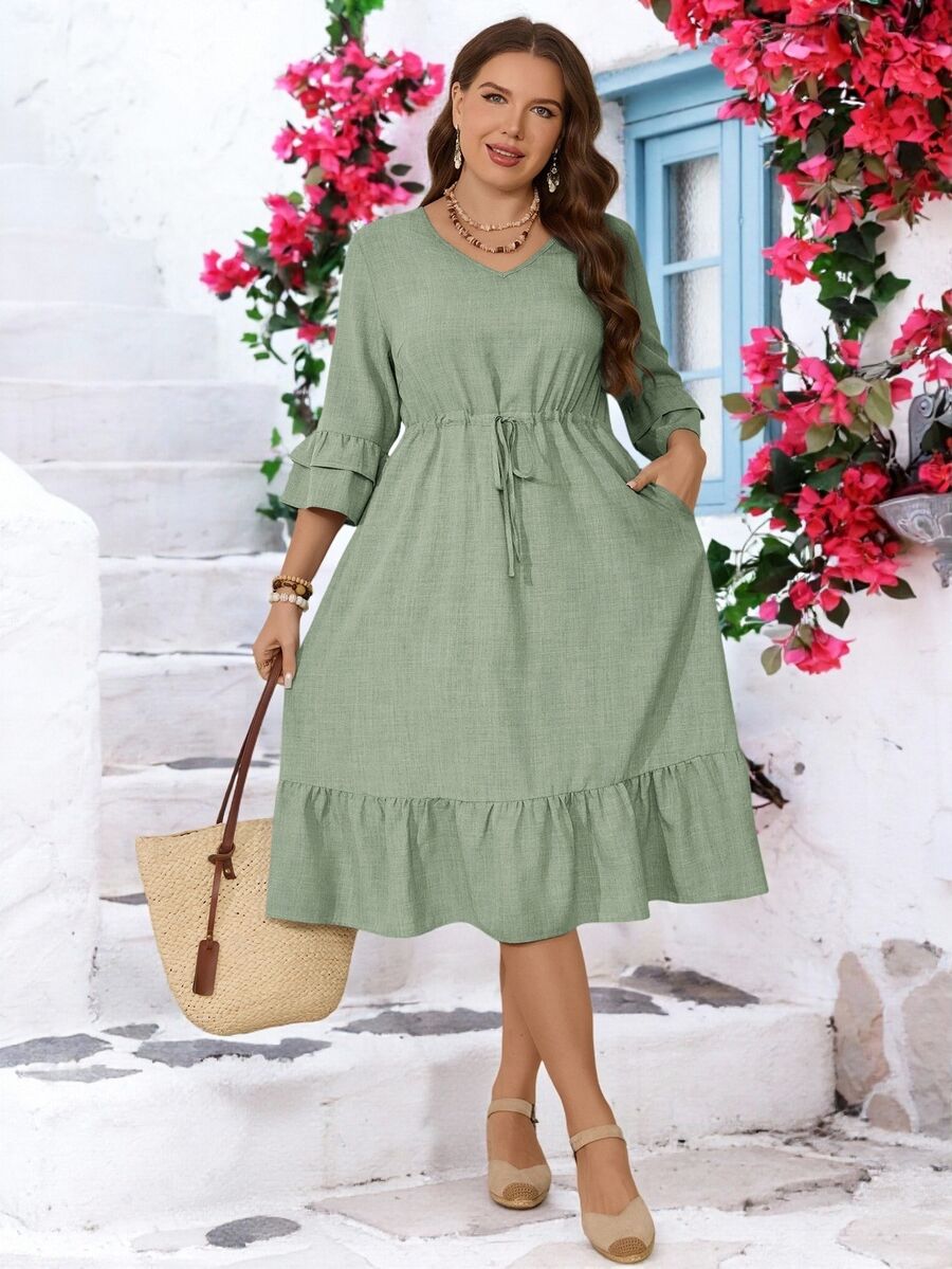 Miaspire Plus Size Casual Solid Color Drawstring Waist Ruffle Hem Dress - Green - View 1