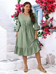 Miaspire Plus Size Casual Solid Color Drawstring Waist Ruffle Hem Dress - Green - View 7