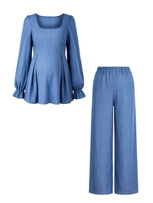 SHEIN Maternity Baby Blue 2 Pieces Set Long Sleeve Top And Pants Autumn Photoshoot Formal Maternity Casual Elegant Photoshoot Formal - Blue - View 2