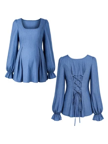 SHEIN Maternity Baby Blue 2 Pieces Set Long Sleeve Top And Pants Autumn Photoshoot Formal Maternity Casual Elegant Photoshoot Formal - Blue - View 4