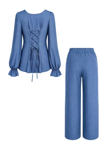 SHEIN Maternity Baby Blue 2 Pieces Set Long Sleeve Top And Pants Autumn Photoshoot Formal Maternity Casual Elegant Photoshoot Formal - Blue - View 3