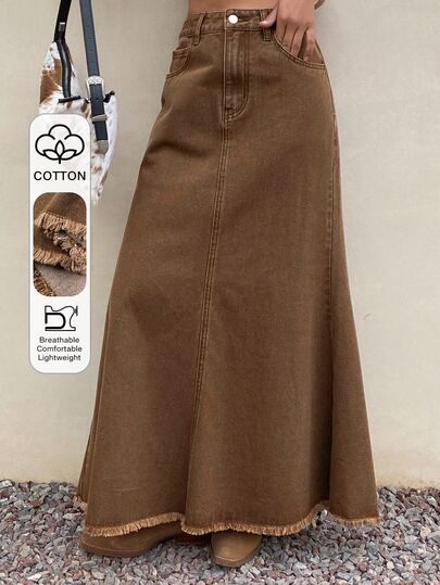 Falda de mezclilla marrón con flecos de media longitud, estilo casual Y2K para adolescentes, negra para ir a la escuela