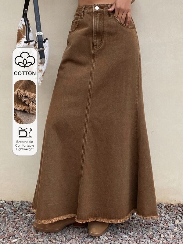 Teen Girl Y2k Fashion Casual Half-Length Hem Brown Denim Fringed Skirt Black To School
