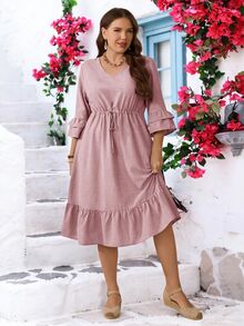Miaspire Plus Size Casual Solid Color Ruffle Drawstring Waist Dress Fall - Dusty Pink - View 6
