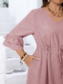Miaspire Plus Size Casual Solid Color Ruffle Drawstring Waist Dress Fall - Dusty Pink - View 7